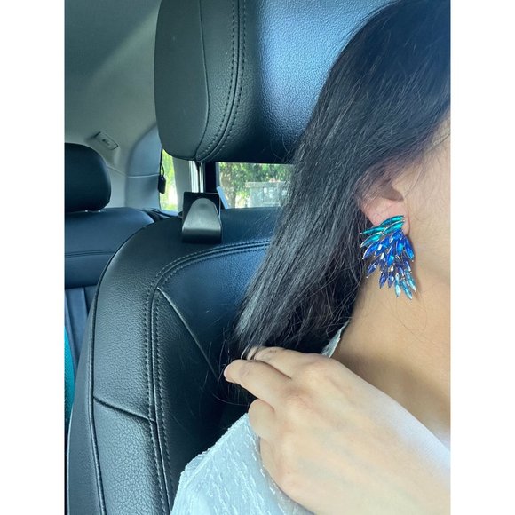 Large Blue earring stud wing crystal Rhinestone Crystal aqua teal oversized - Picture 7 of 7